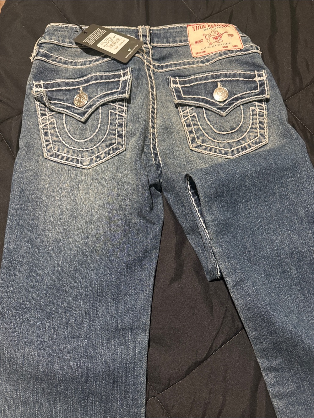 True Religion Women’s Blue Boot Cut Denim Jeans with Signature Stitching